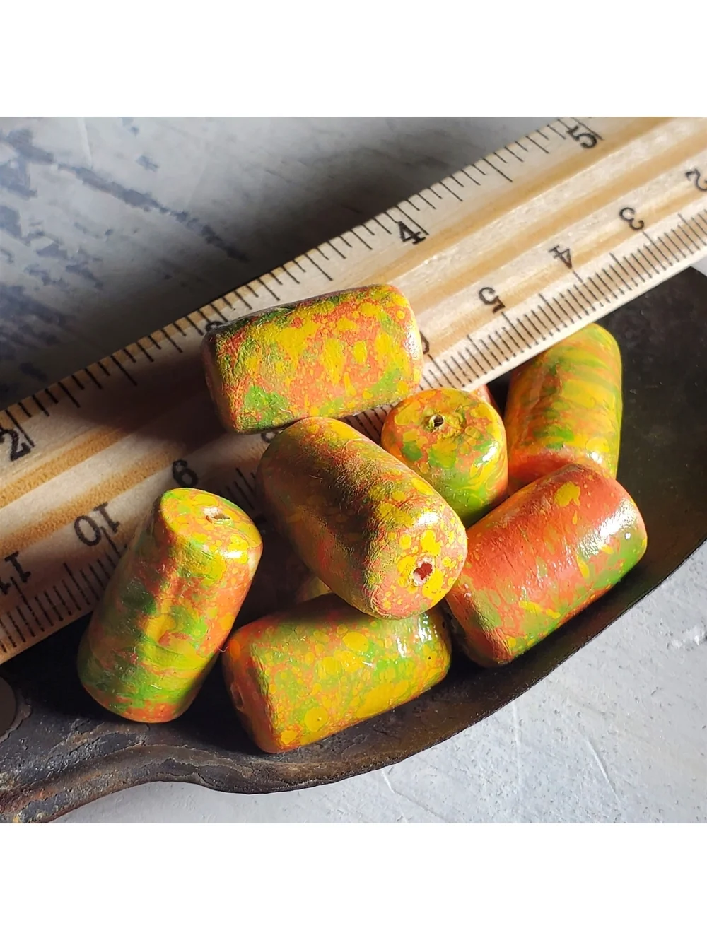 Vintage Japanese Mottled Decoupage Beads Coral Pink Cream Green 22mm Tube 4pcs